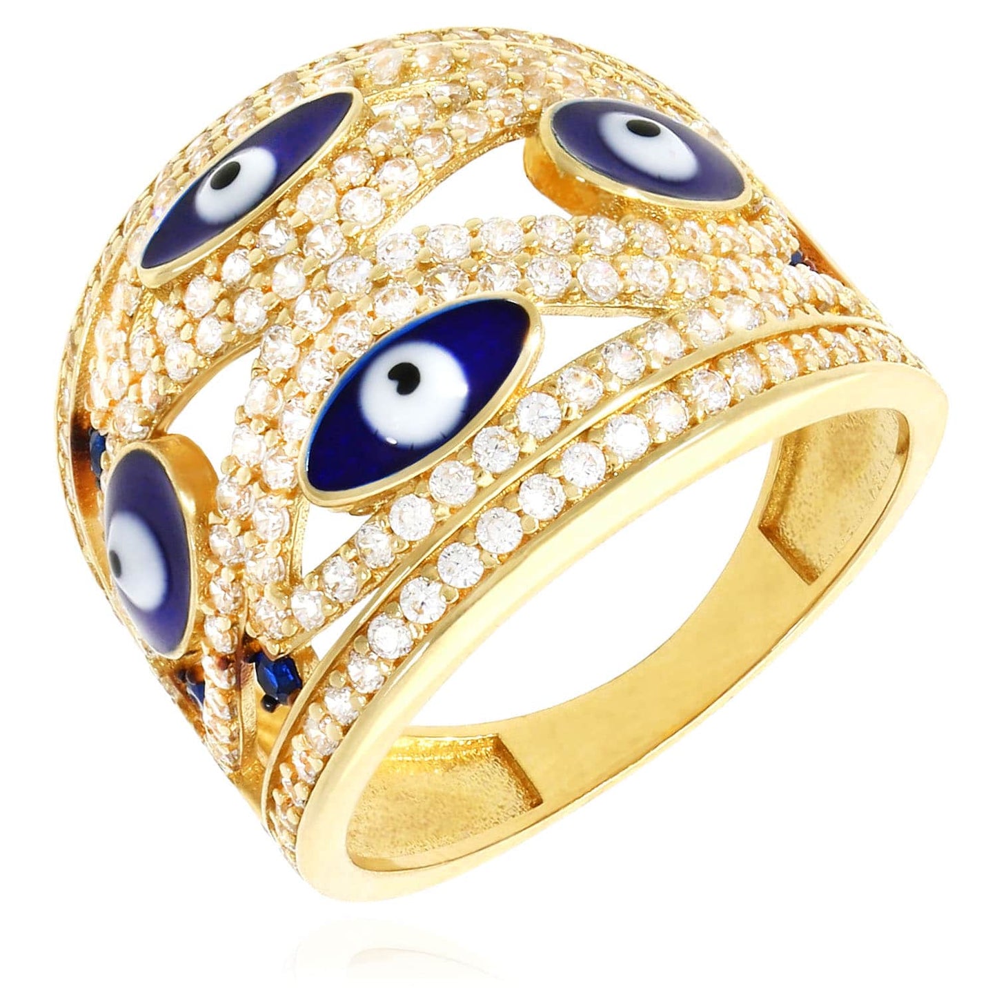 14K Gold Yellow CZ Multiple Evil Eye Dome Cocktail Ring