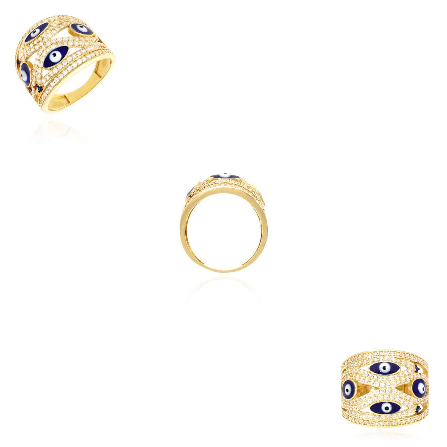 14K Gold Yellow CZ Multiple Evil Eye Dome Cocktail Ring