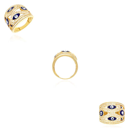 14K Gold Yellow CZ Multiple Evil Eye Dome Cocktail Ring