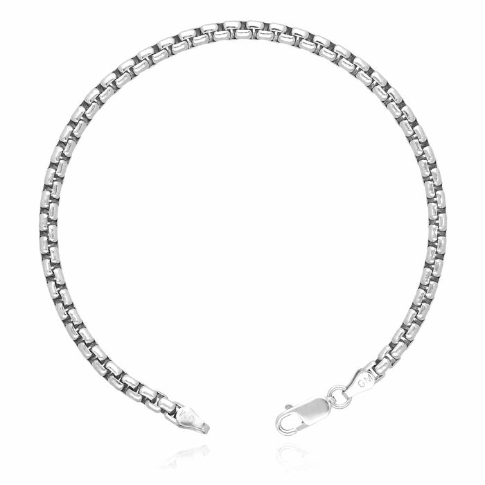 Sterling Silver 3.7mm Round Box Bracelet (Solid Links) 8" - 9" - WJD Exclusives