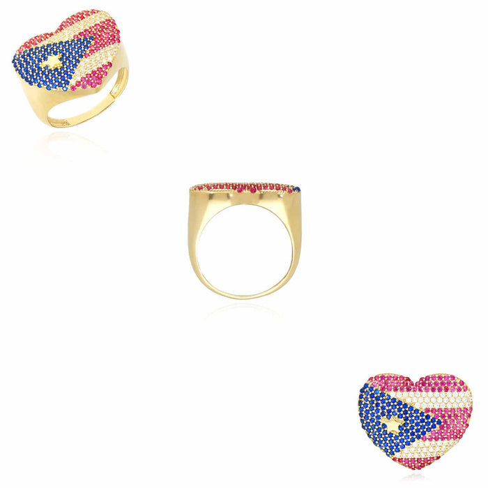 14K Yellow Gold CZ Gemstone Heart Puerto Rico Flag Ring - WJD Exclusives