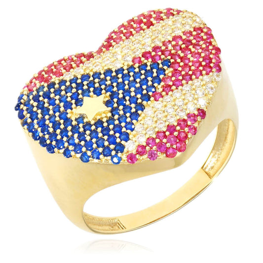 14K Gold Yellow CZ Gemstone Heart Puerto Rico Flag Ring