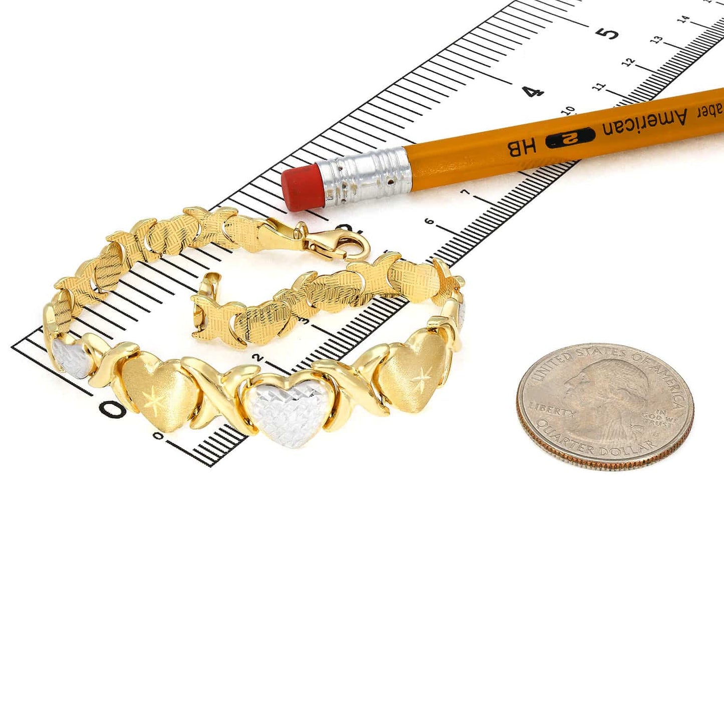 14K Gold Yellow White Accents Graduated Heart Kisses Stampato XO Bracelet 7.75"
