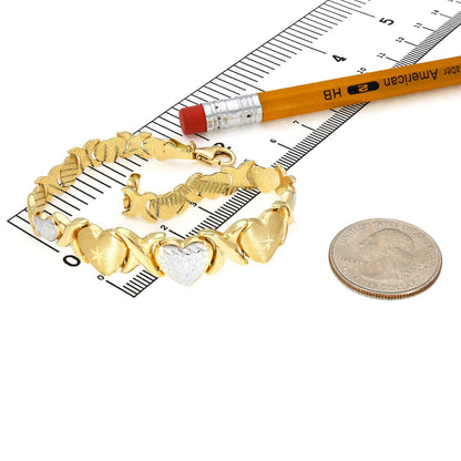 14K Gold Yellow White Accents Graduated Heart Kisses Stampato XO Bracelet 7.75"