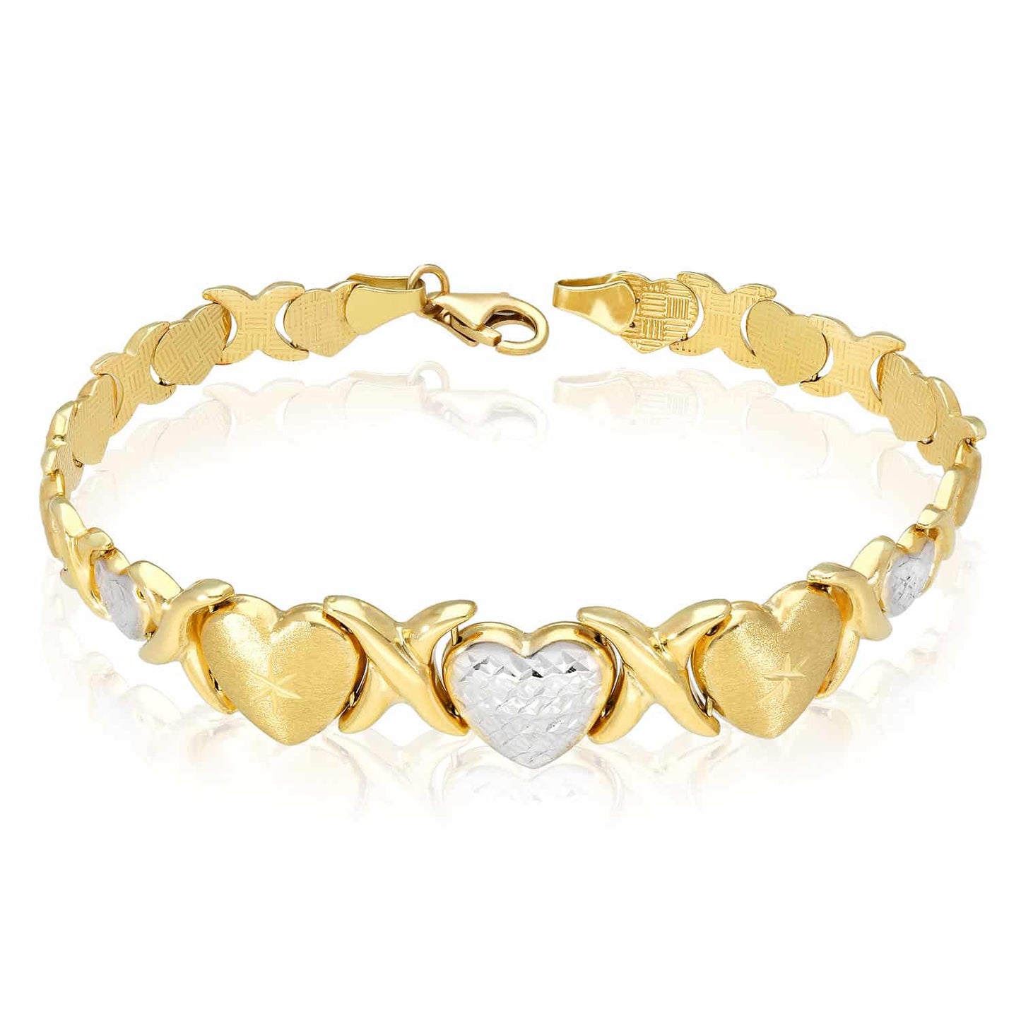 14K Gold Yellow White Accents Graduated Heart Kisses Stampato XO Bracelet 7.75"