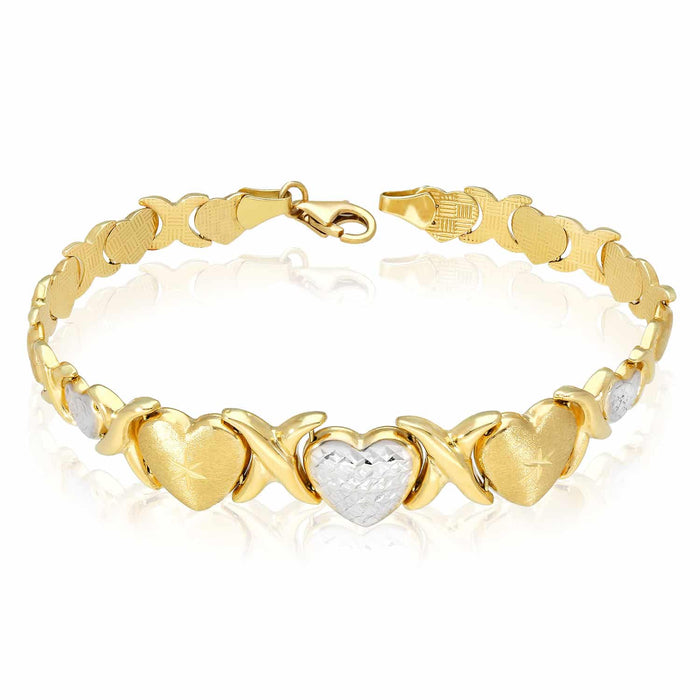 14K Yellow Gold White Accents Graduated Heart Kisses Stampato XO Bracelet (Hollow) 7.75" - WJD Exclusives