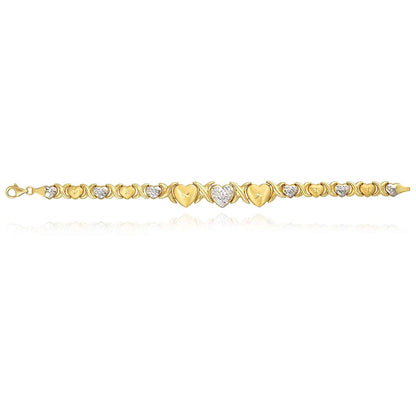 14K Gold Yellow White Accents Graduated Heart Kisses Stampato XO Bracelet 7.75"
