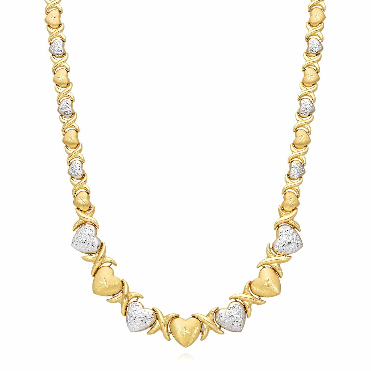 14K Yellow Gold Graduated Heart & Kisses Stampato XO Necklace (Hollow) 18.5" - WJD Exclusives