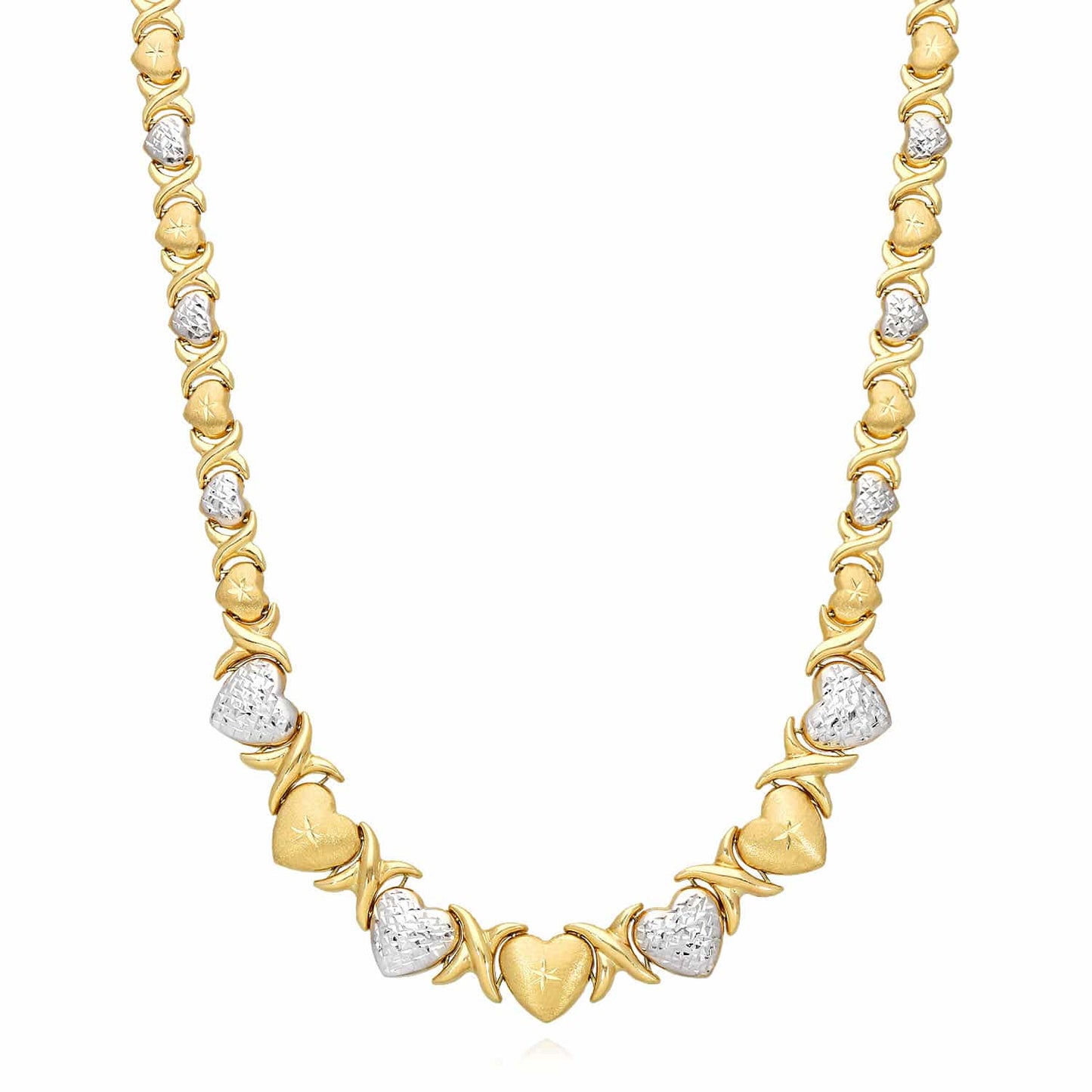 14K Yellow Gold Graduated Heart & Kisses Stampato XO Necklace 18.5"