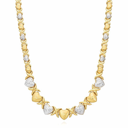 14K Yellow Gold Graduated Heart & Kisses Stampato XO Necklace 18.5"