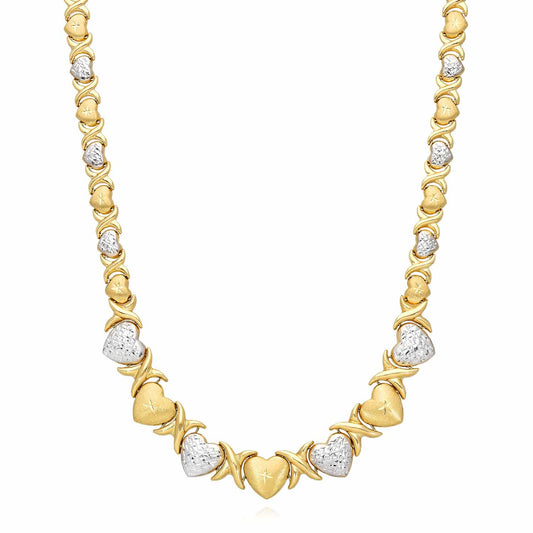 14K Yellow Gold Graduated Heart & Kisses Stampato XO Necklace 18.5"