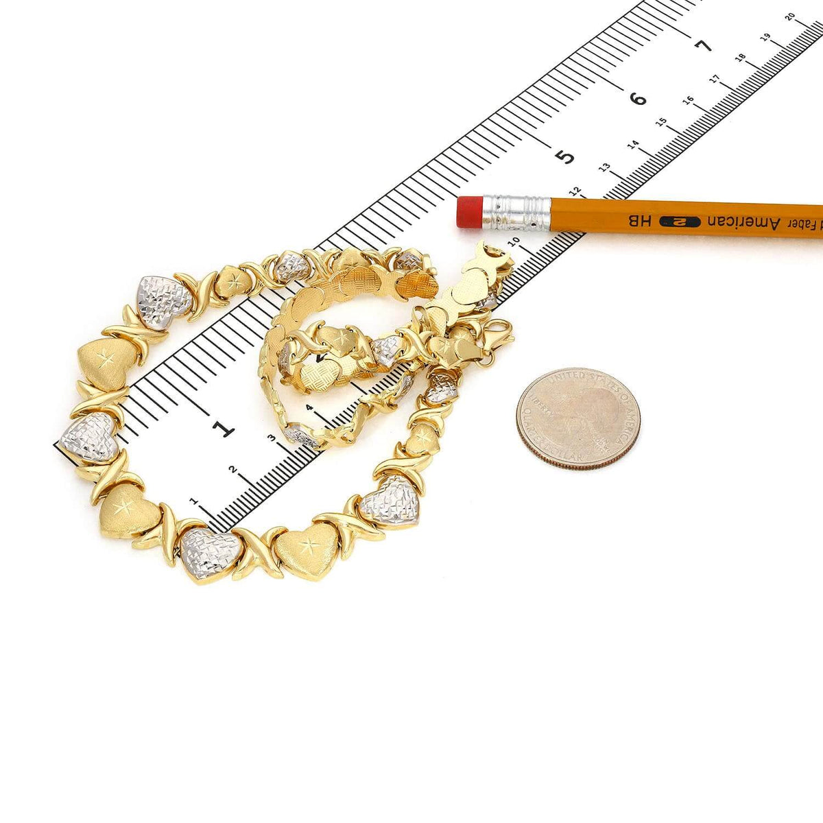 14K Yellow Gold Graduated Heart & Kisses Stampato XO Necklace (Hollow) 18.5" - WJD Exclusives