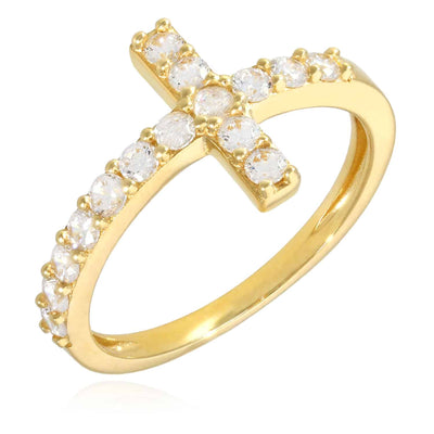 14K Yellow Gold CZ Sideways Cross Ring - WJD Exclusives
