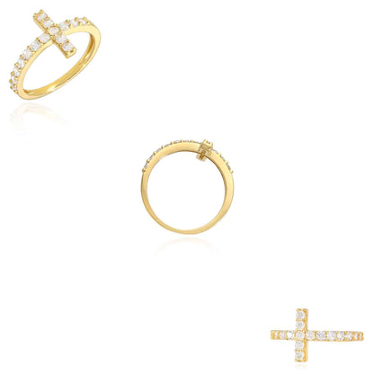 14K Gold Yellow CZ Sideways Cross Ring