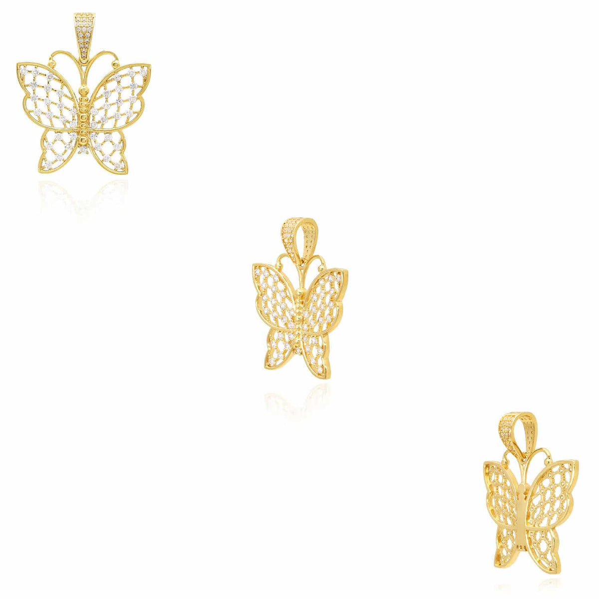 14K Yellow Gold CZ Butterfly Pendant 1.4" - WJD Exclusives