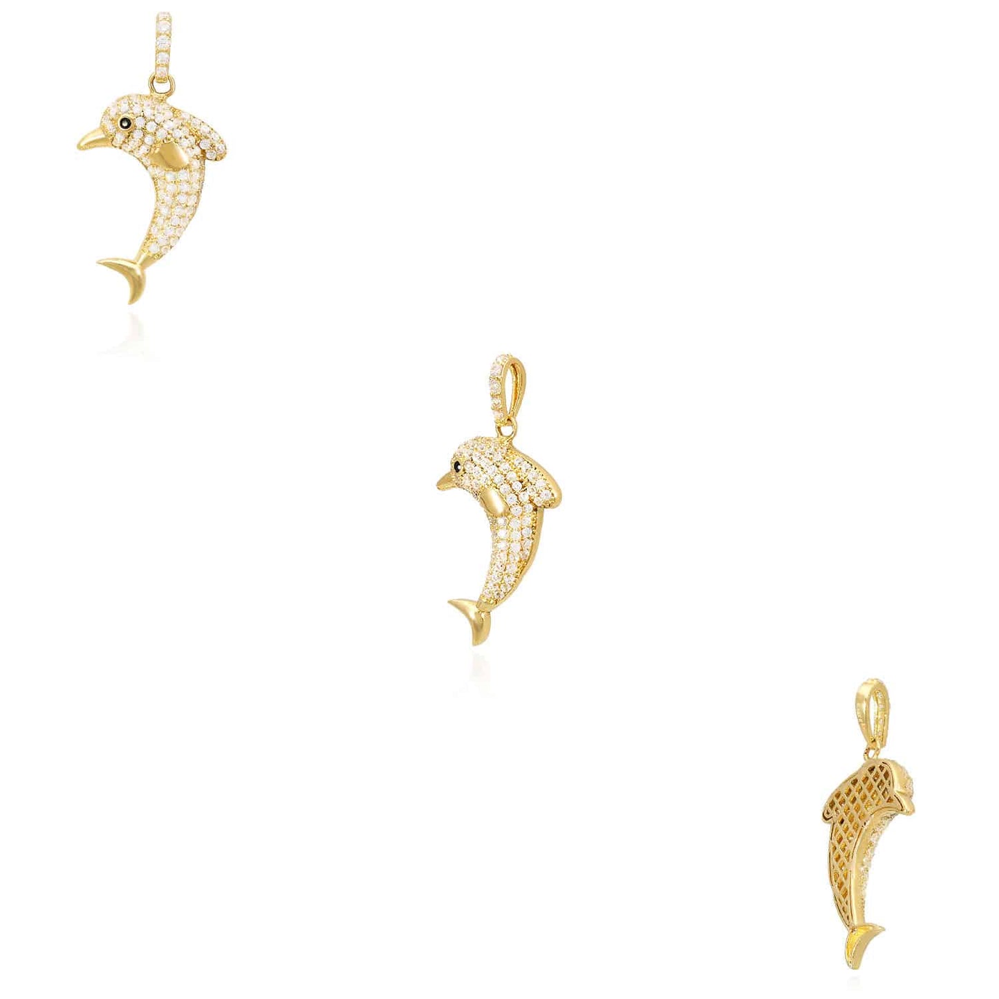 14K Yellow Gold CZ Pave Dolphin Charm Pendant 1.2"