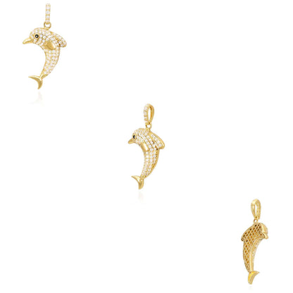 14K Yellow Gold CZ Pave Dolphin Charm Pendant 1.2"
