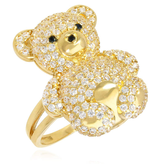 14K Real Gold Yellow CZ Pave Puffed Teddy Bear Ring