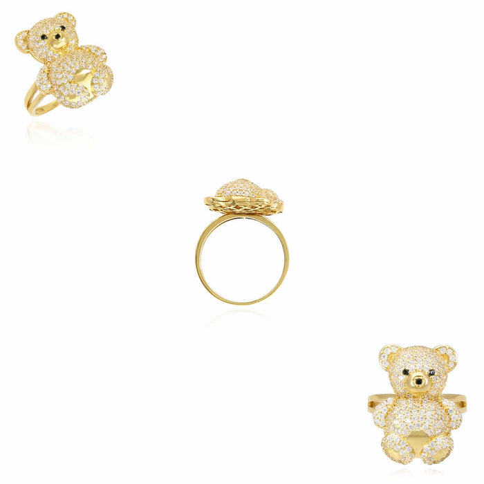14K Gold Yellow CZ Pave Puffed Teddy Bear Ring - WJD Exclusives