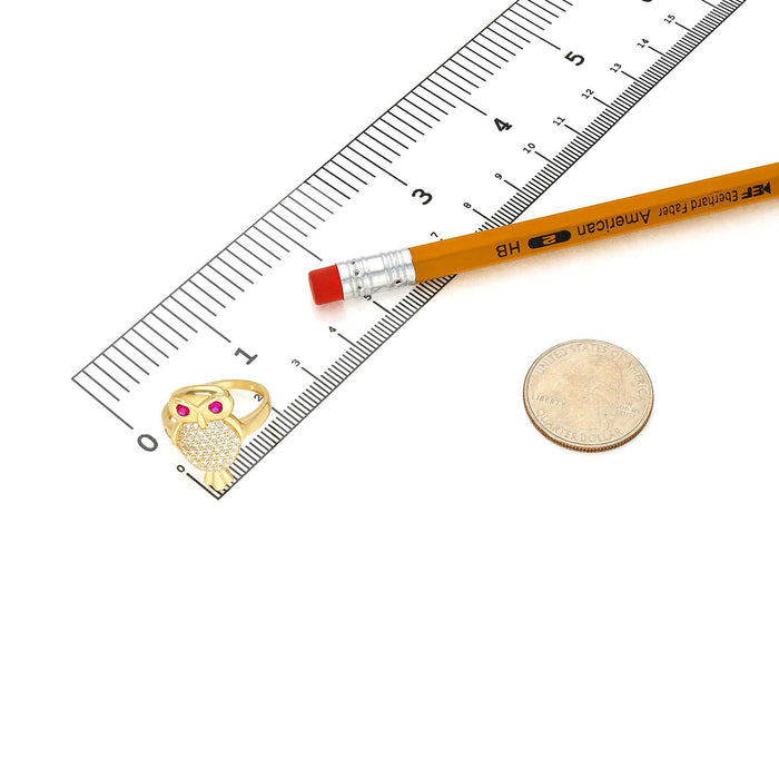 14K Yellow Gold CZ Pave Ruby Eyes Owl Ring - WJD Exclusives