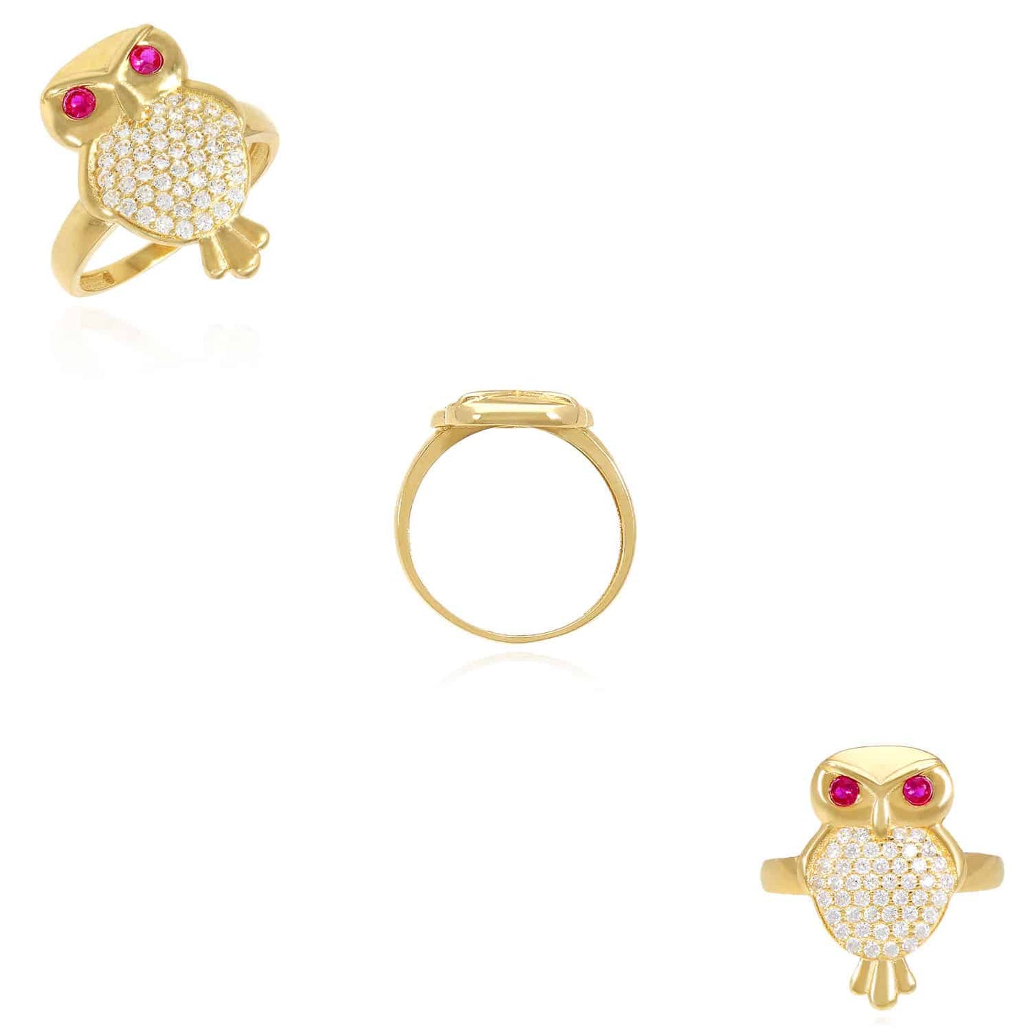 14K Gold Yellow CZ Pave Ruby Eyes Owl Ring