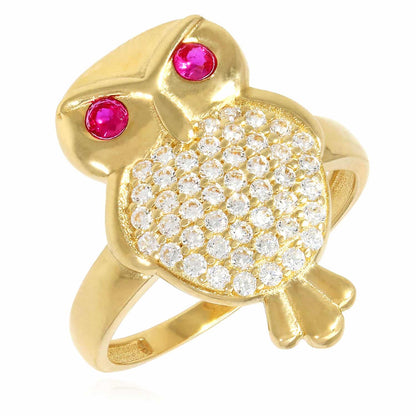 14K Gold Yellow CZ Pave Ruby Eyes Owl Ring