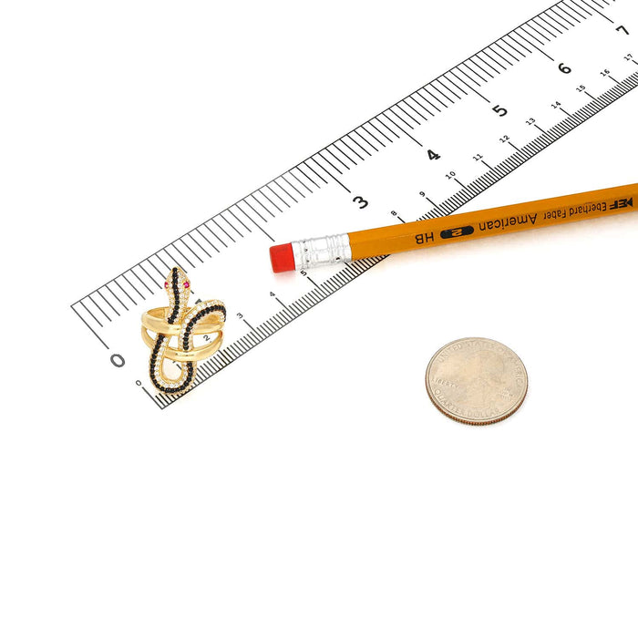 14K Yellow Gold CZ Pave Black Stripe Red Eyes Snake Ring - WJD Exclusives