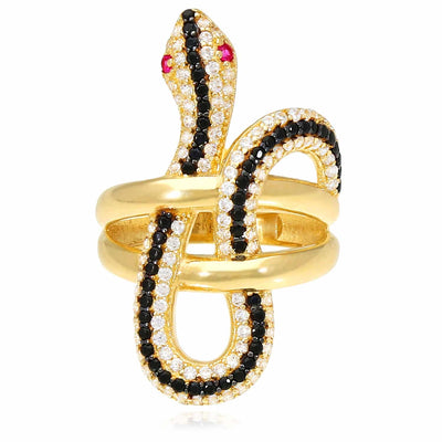 14K Yellow Gold CZ Pave Black Stripe Red Eyes Snake Ring - WJD Exclusives