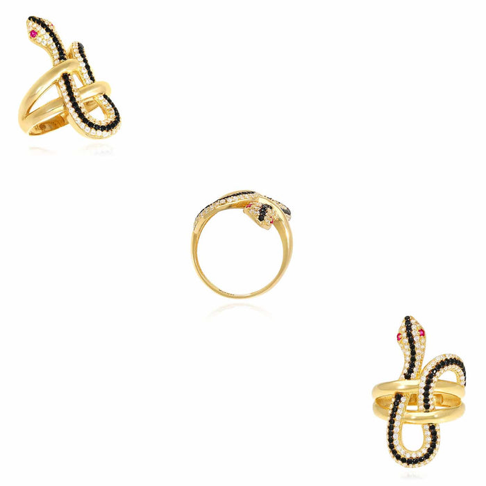 14K Yellow Gold CZ Pave Black Stripe Red Eyes Snake Ring - WJD Exclusives