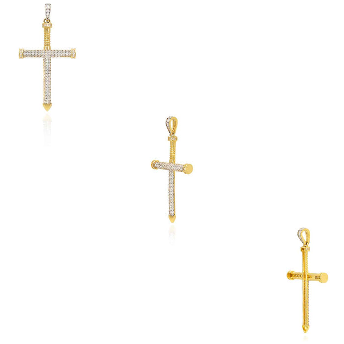 14K Yellow Gold CZ Pave Screw Nail Cross Pendant 2.1" - WJD Exclusives