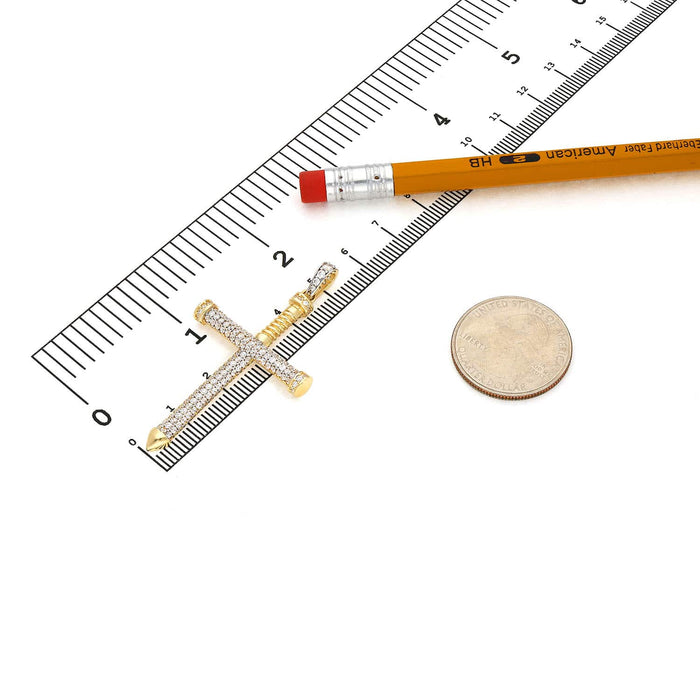 14K Yellow Gold CZ Pave Screw Nail Cross Pendant 2.1" - WJD Exclusives