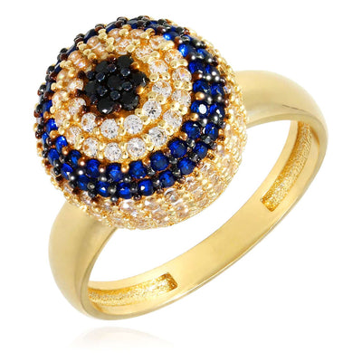 14K Yellow Gold CZ With Sapphire Evil Eye Cocktail Ring - WJD Exclusives