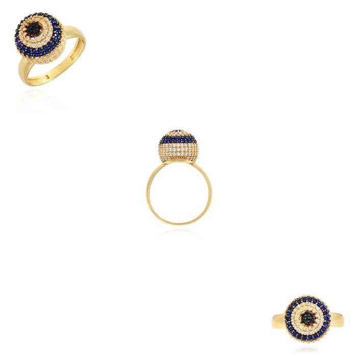 14K Yellow Gold CZ With Sapphire Evil Eye Cocktail Ring - WJD Exclusives