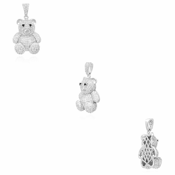 Gold Over Sterling Silver CZ Pave Puffed Teddy Bear Pendant 1.1" - WJD Exclusives