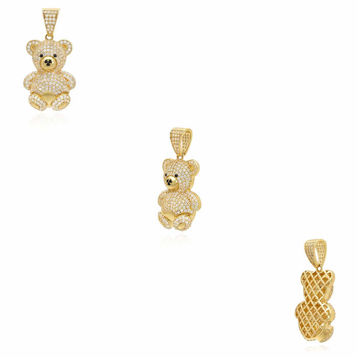 14K Yellow Gold CZ Pave Puffed Teddy Bear Pendant 1.3" - 1.5" - WJD Exclusives