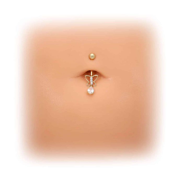 Real 14K Gold CZ Open Butterfly Belly Button Ring - WJD Exclusives