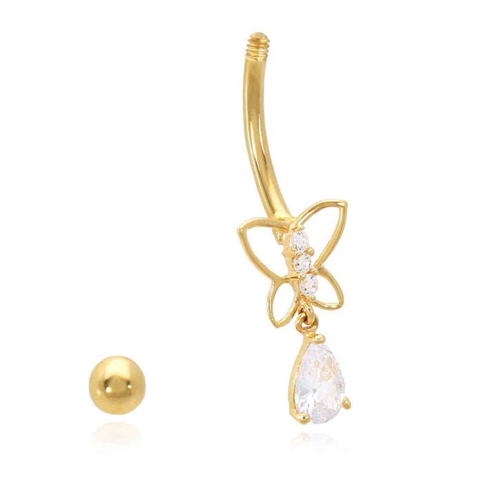 Real 14K Gold CZ Open Butterfly Belly Button Ring - WJD Exclusives