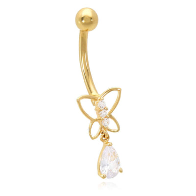 Real 14K Gold CZ Open Butterfly Belly Button Ring - WJD Exclusives