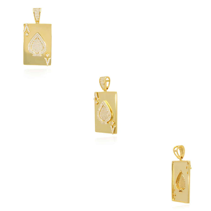 Gold Over Sterling Silver CZ Ace Of Spade Poker Card Pendant 1.7" - WJD Exclusives