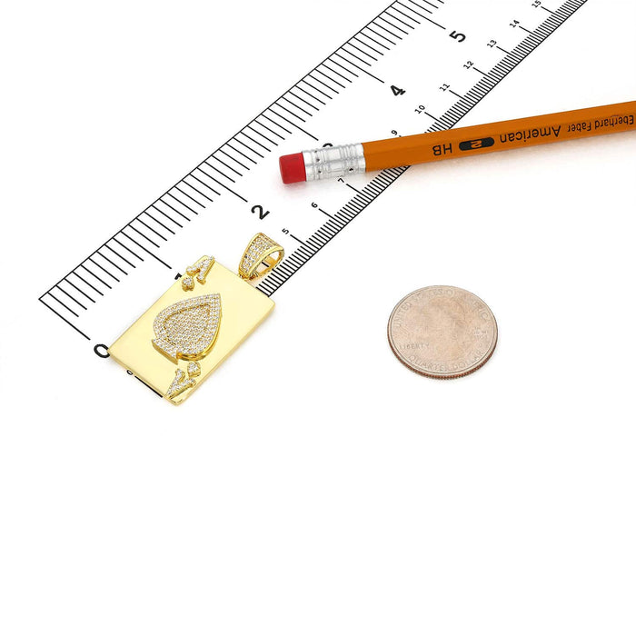 Gold Over Sterling Silver CZ Ace Of Spade Poker Card Pendant 1.7" - WJD Exclusives