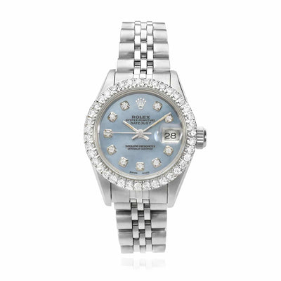 Rolex Datejust Custom Blue 69173 MOP Diamond Dial Bezel Jubilee Band 26mm Watch - WJD Exclusives
