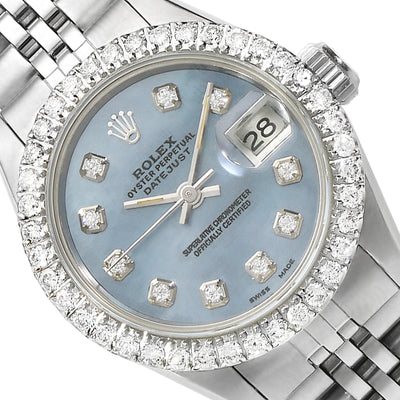Rolex Datejust Custom Blue 69173 MOP Diamond Dial Bezel Jubilee Band 26mm Watch