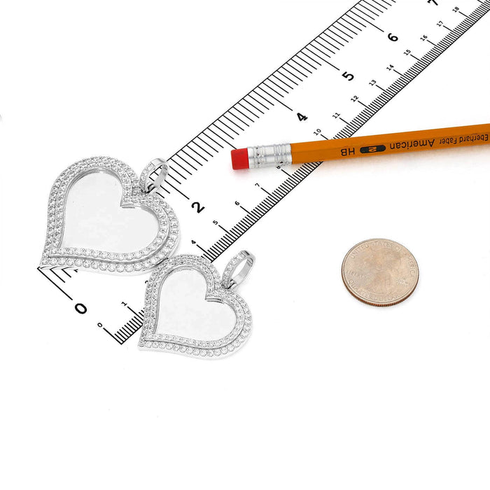 14K White Gold Over Silver Picture Memory Frame Heart Medallion Pendant 1.8 - 2.2" - WJD Exclusives