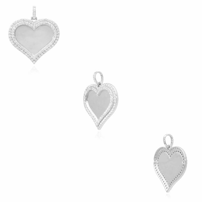 14K White Gold Over Silver Picture Memory Frame Heart Medallion Pendant 1.8 - 2.2" - WJD Exclusives