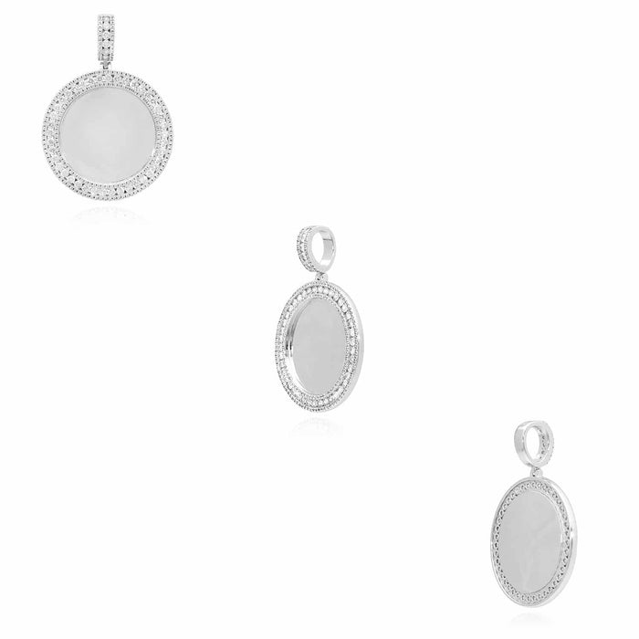 18K Gold Over Silver CZ Frame Round Picture Memory Medallion Pendant 2.1" - WJD Exclusives