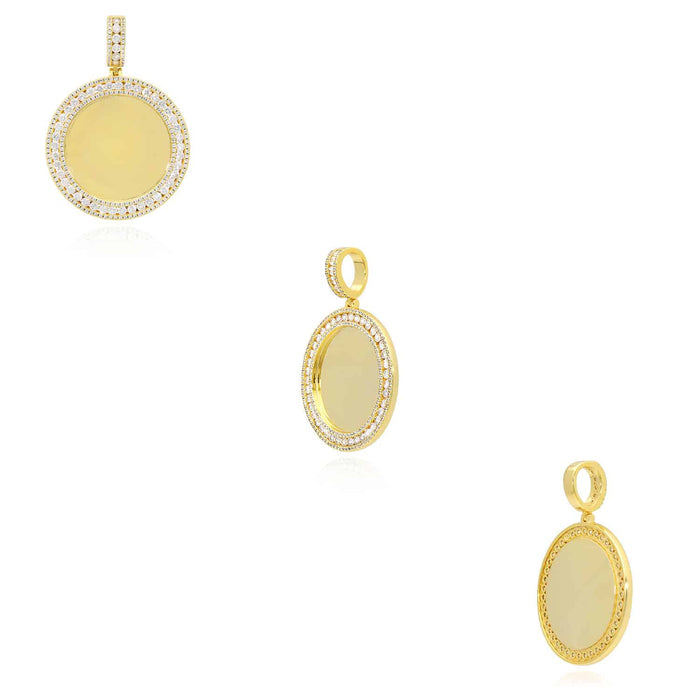 18K Gold Over Silver CZ Frame Round Picture Memory Medallion Pendant 2.1" - WJD Exclusives