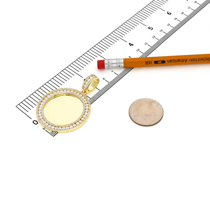 18K Gold Over Silver CZ Frame Round Picture Memory Medallion Pendant 2.1" - WJD Exclusives