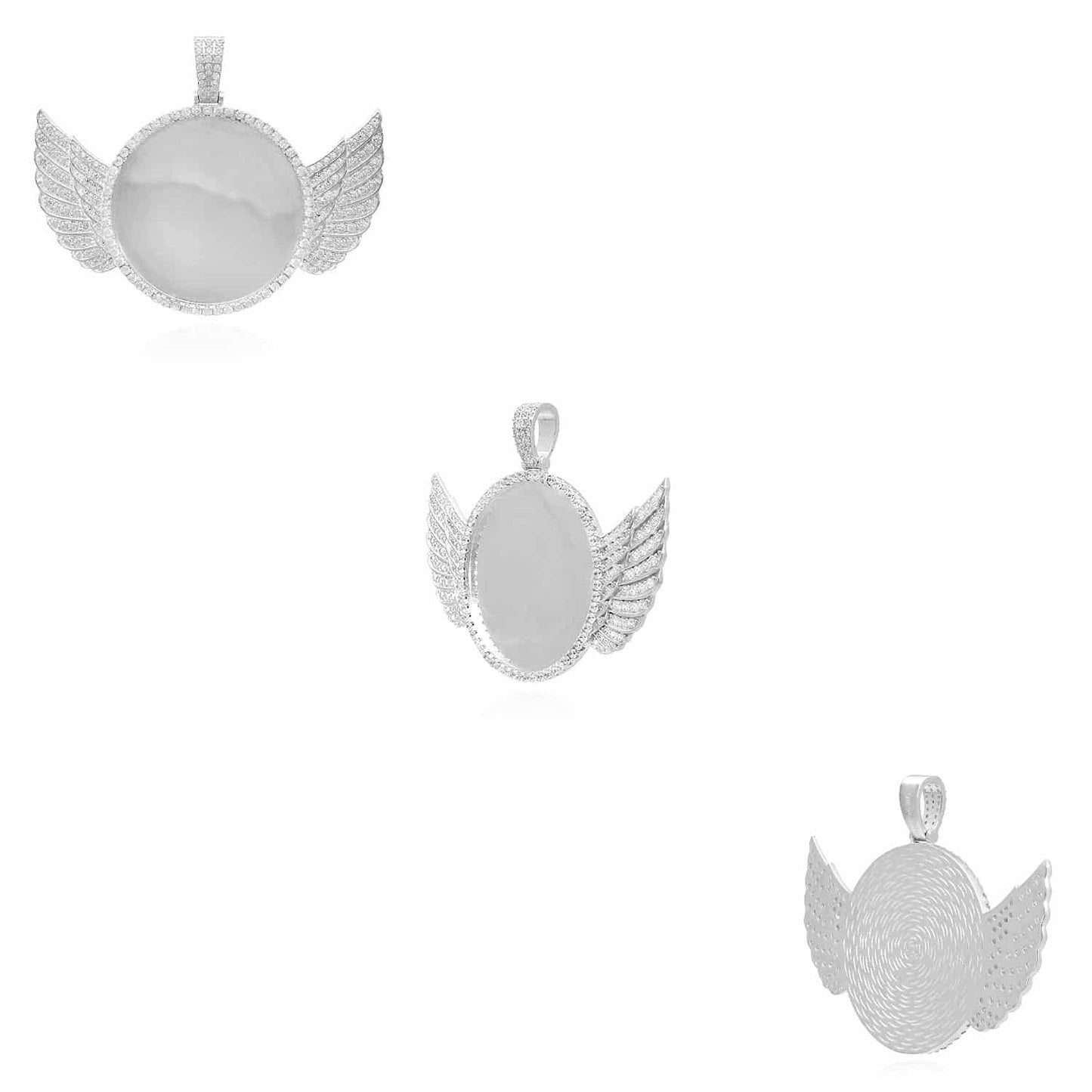 White Gold Over Silver CZ Angel Wing Picture Frame Memory Pendant