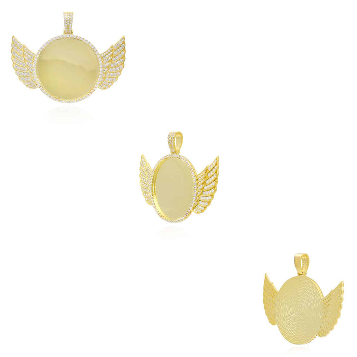 18k Yellow Gold Over Silver CZ Angel Wings Picture Memory Pendant - WJD Exclusives