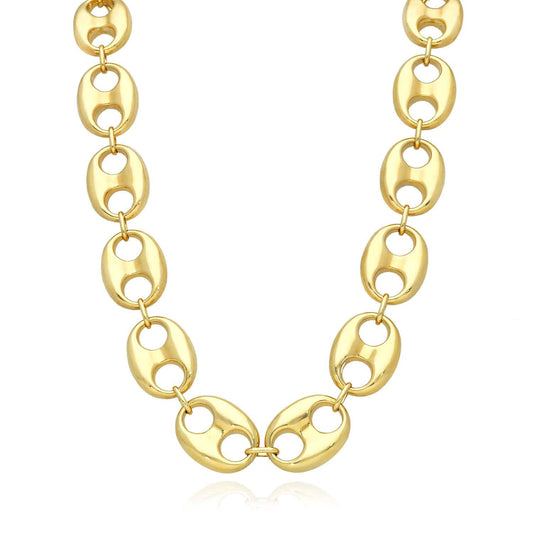 14K Yellow Gold 20mm Puffed Anchor Mariner Chain Necklace 20"-22"